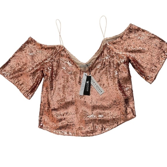Alice + Olivia Top Womens XS Agatha Sequin Rose Gold Off The Shoulder Fairy NEW - Picture 5 of 16